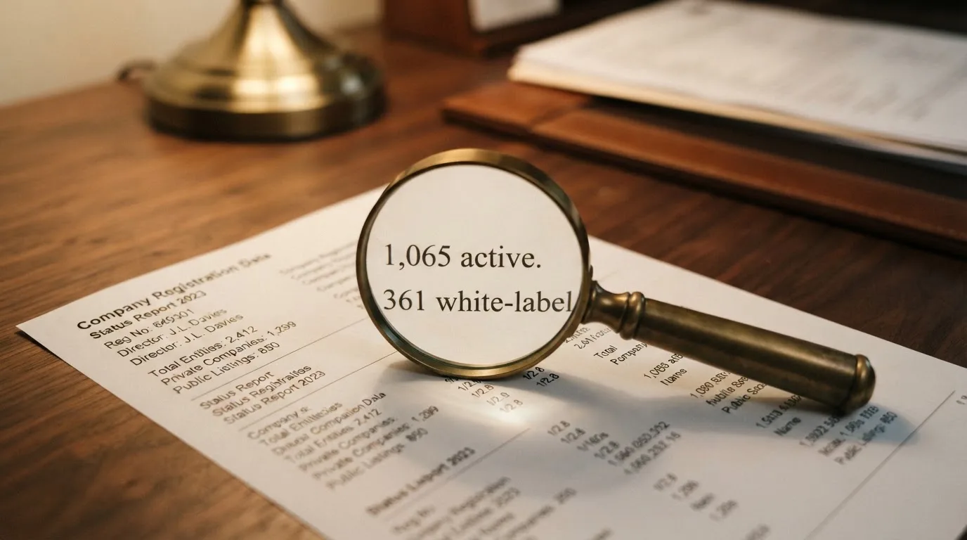 A magnifying glass rests over a printed regulatory certificate on a wooden desk.
