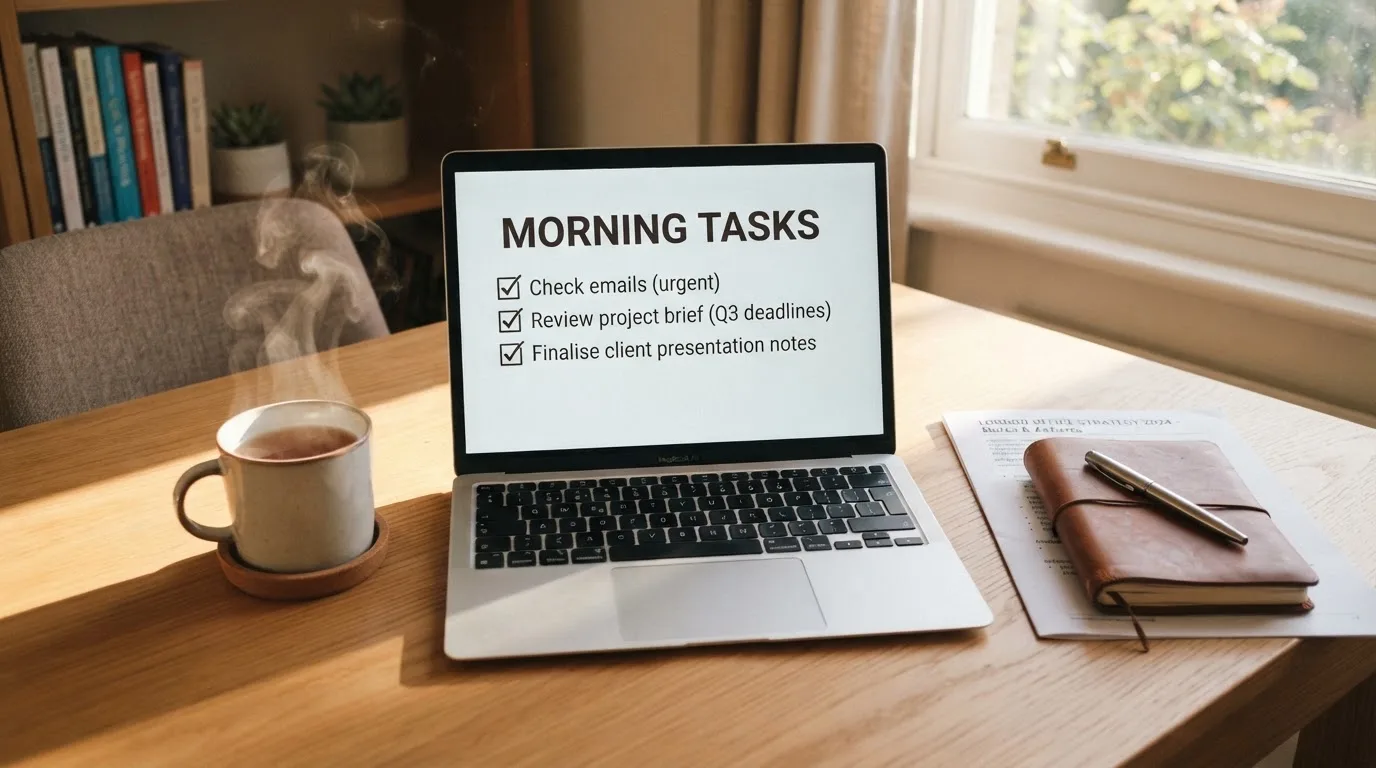 A tidy desk with a notebook, a mug of tea and a laptop open to a checklist, morning light through a window.