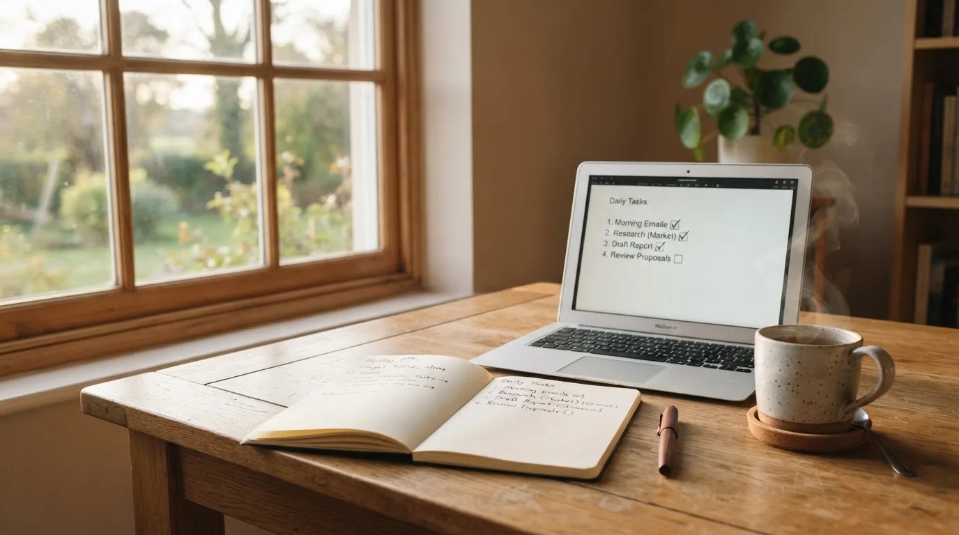 A tidy desk with a notebook, a mug of tea and a laptop open to a checklist, morning light through a window.