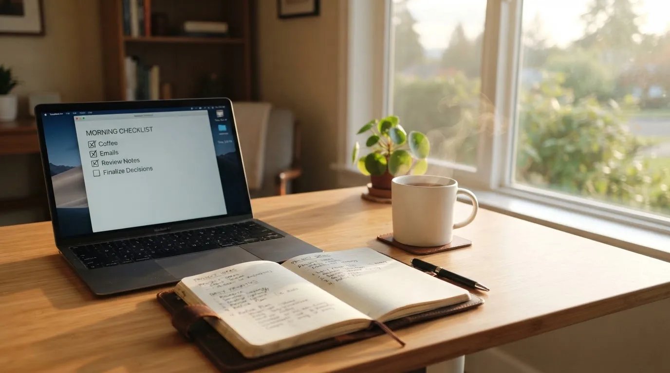 A tidy desk with a notebook, a mug of tea and a laptop open to a checklist, morning light through a window.