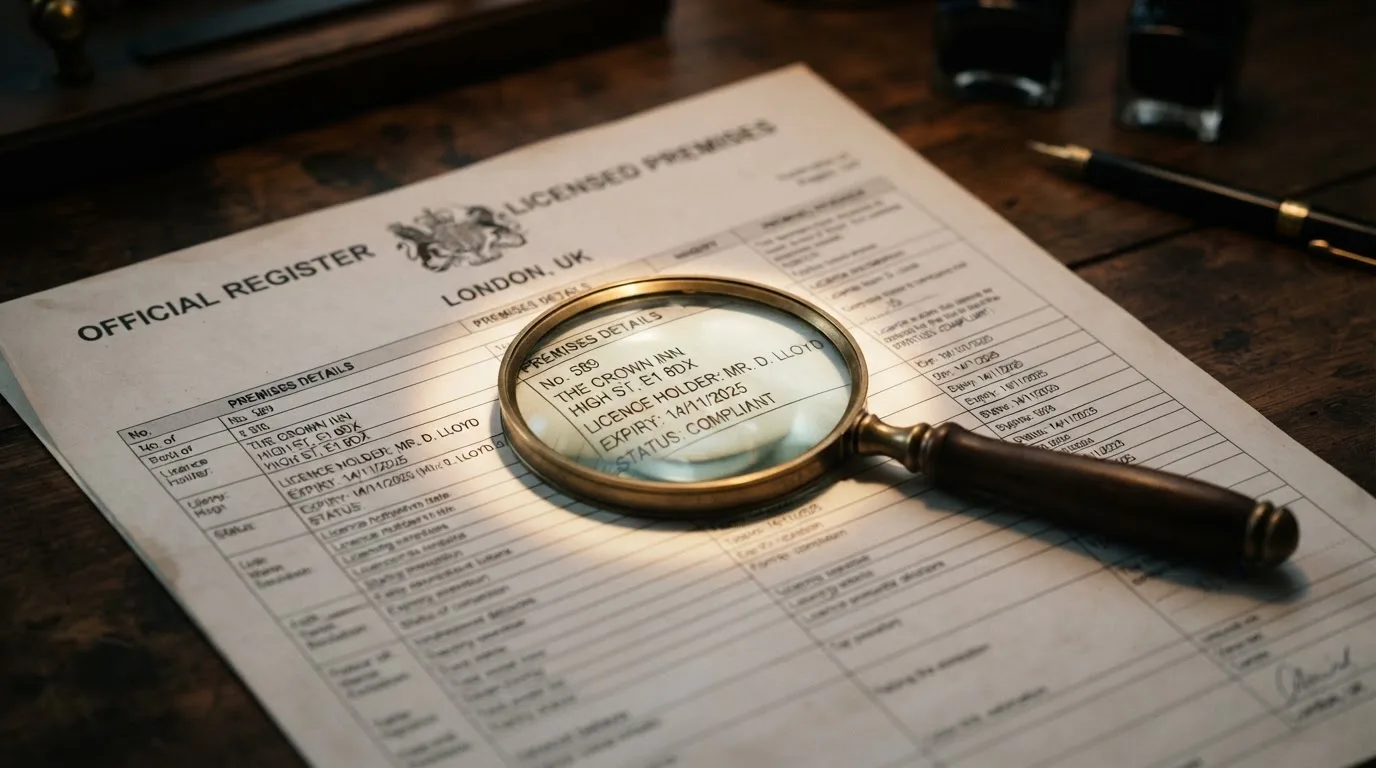 A magnifying glass rests over a printed regulatory certificate on a wooden desk.