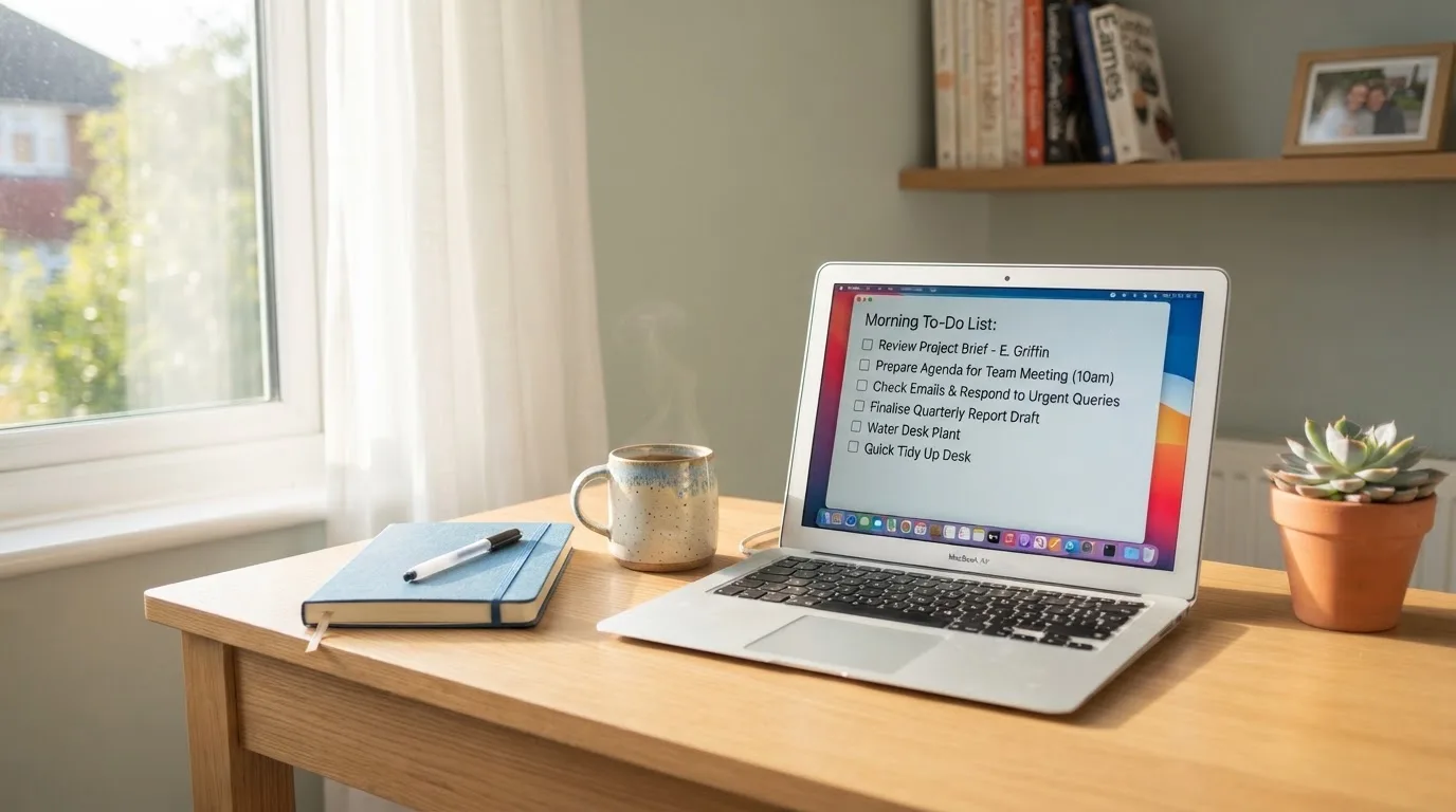 A tidy desk with a notebook, a mug of tea and a laptop open to a checklist, morning light through a window.