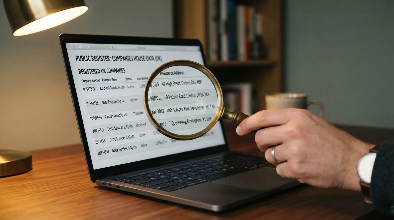 A magnifying glass rests over a printed regulatory certificate on a wooden desk.