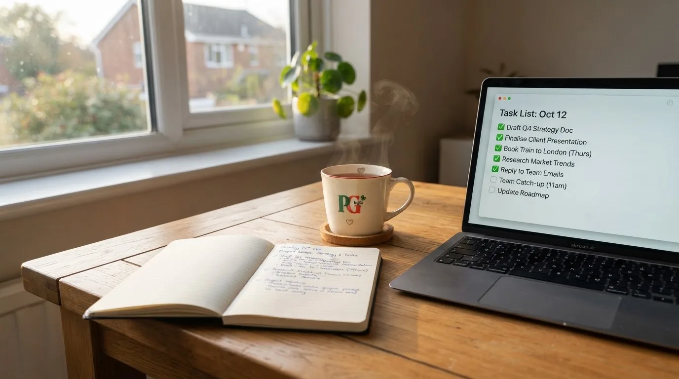 A tidy desk with a notebook, a mug of tea and a laptop open to a checklist, morning light through a window.