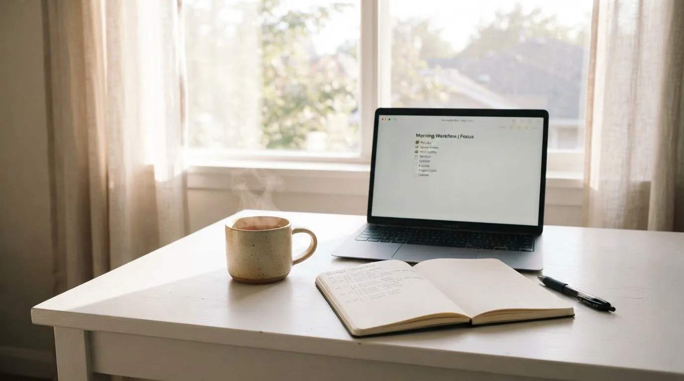 A tidy desk with a notebook, a mug of tea and a laptop open to a checklist, morning light through a window.