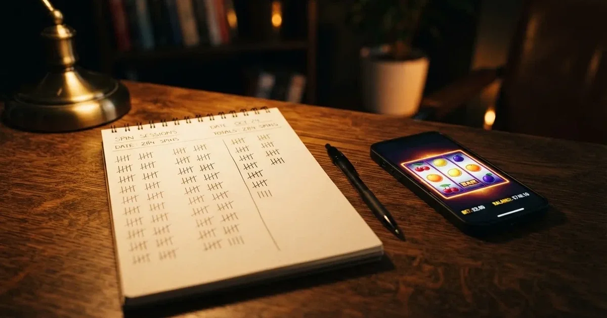A notepad with a tally of spin counts rests beside a smartphone displaying a slot-reel icon on a desk.