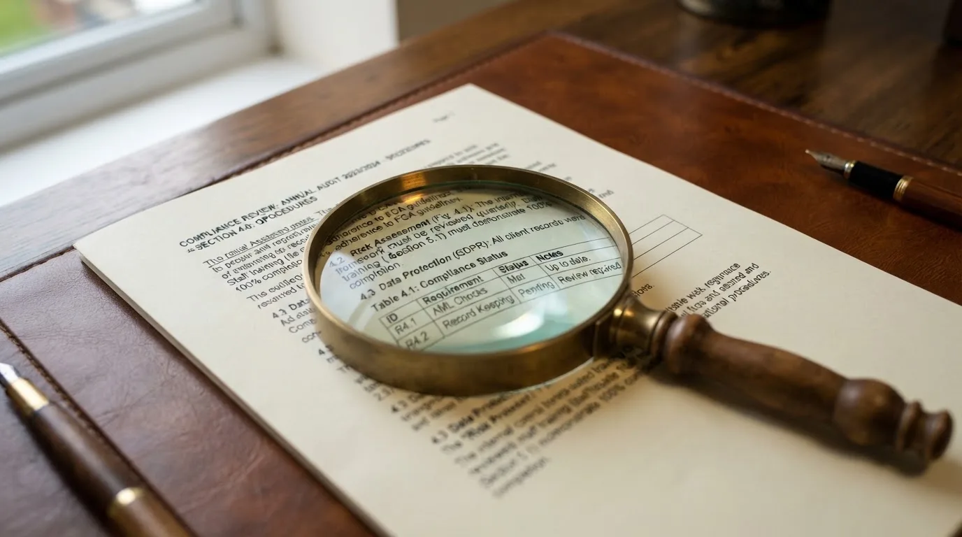 A magnifying glass rests over a printed regulatory certificate on a wooden desk.