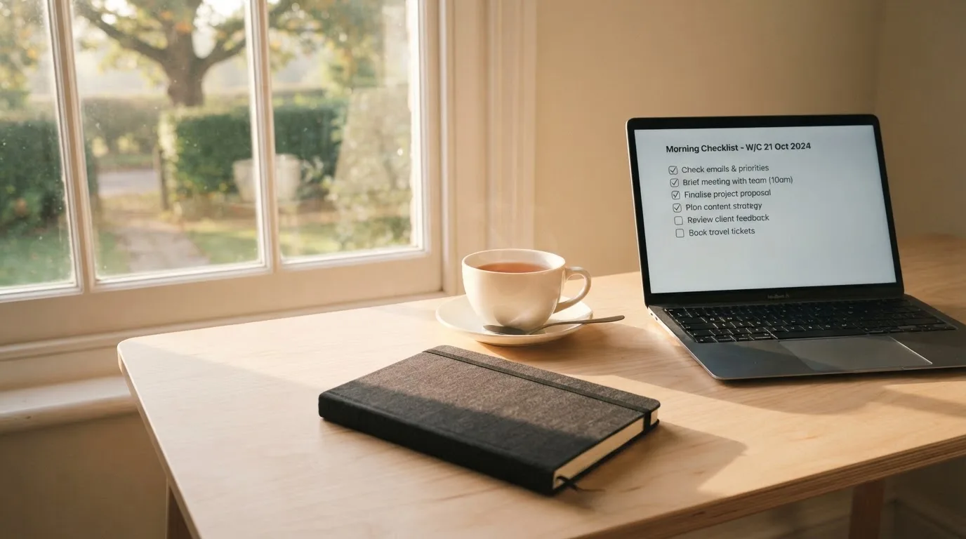 A tidy desk with a notebook, a mug of tea and a laptop open to a checklist, morning light through a window.