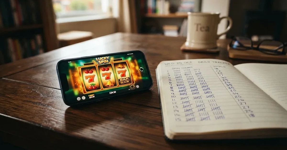 A notepad with a tally of spin counts rests beside a smartphone displaying a slot-reel icon on a desk.