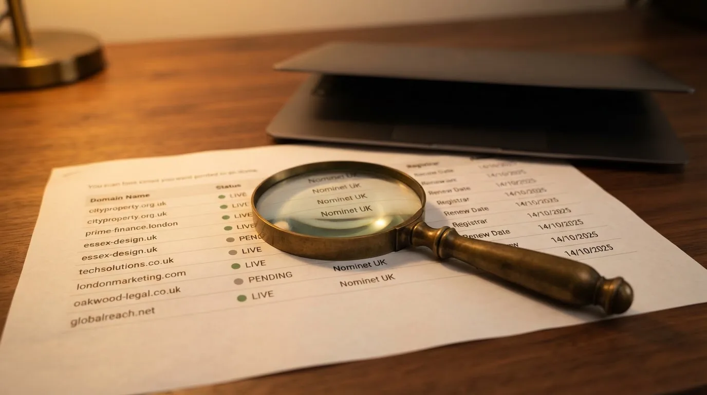 A magnifying glass rests over a printed regulatory certificate on a wooden desk.