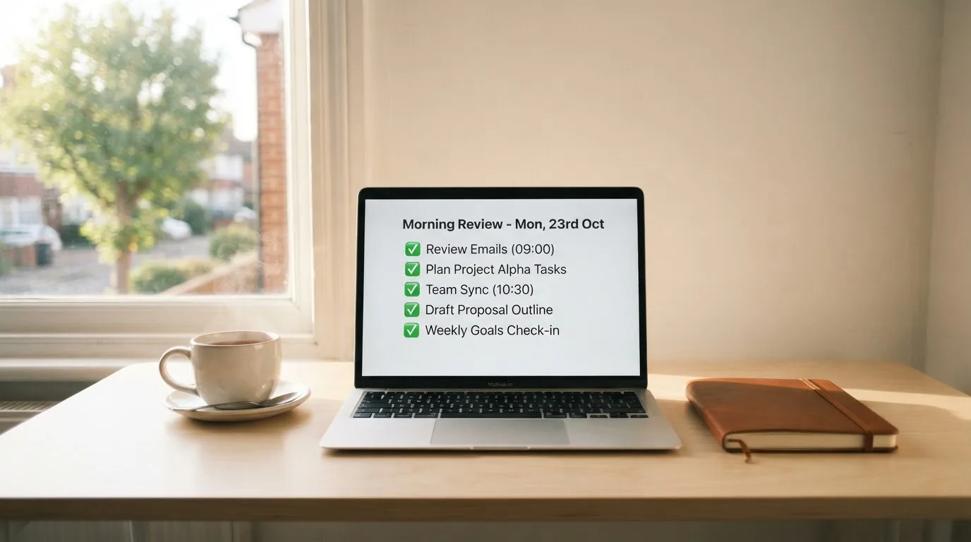 A tidy desk with a notebook, a mug of tea and a laptop open to a checklist, morning light through a window.