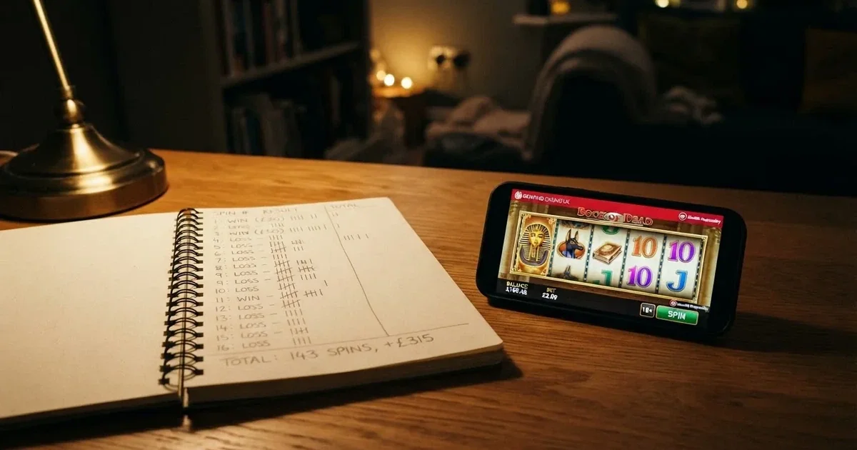 A notepad with a tally of spin counts rests beside a smartphone displaying a slot-reel icon on a desk.
