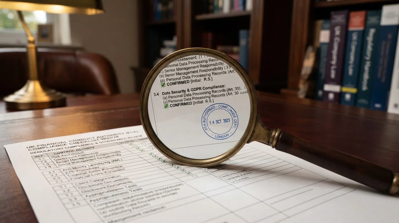 A magnifying glass rests over a printed regulatory certificate on a wooden desk.