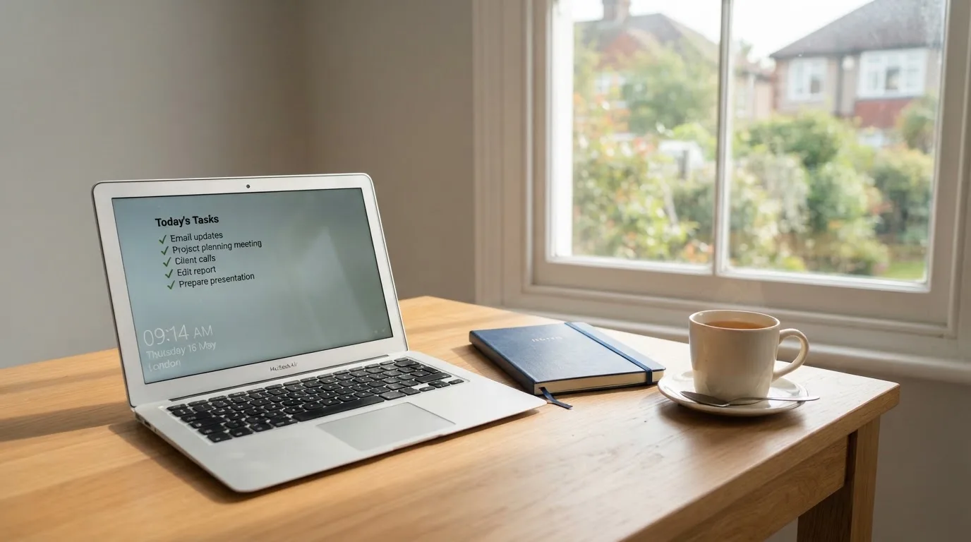 A tidy desk with a notebook, a mug of tea and a laptop open to a checklist, morning light through a window.