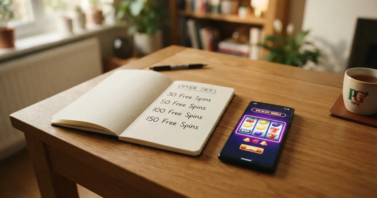 A notepad listing four spin-count tiers rests beside a smartphone displaying a slot-reel icon on a desk.