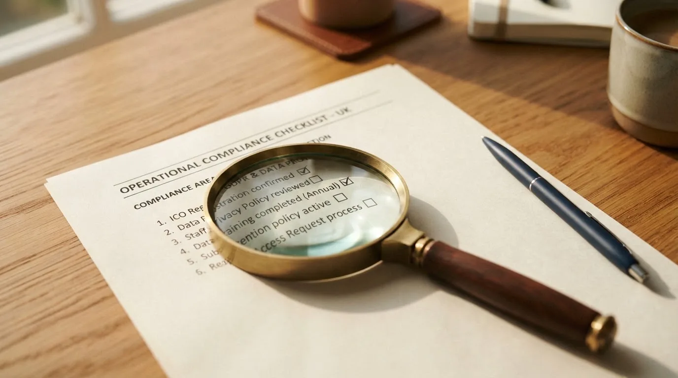 A magnifying glass rests over a printed regulatory certificate on a wooden desk.