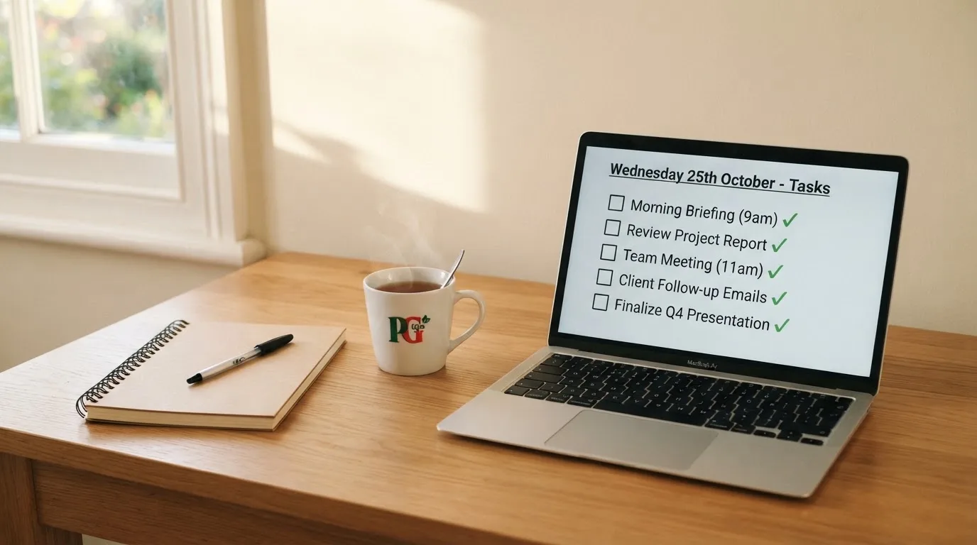 A tidy desk with a notebook, a mug of tea and a laptop open to a checklist, morning light through a window.