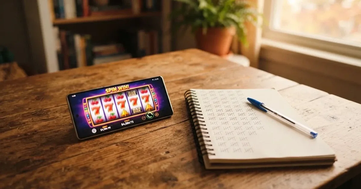 A notepad with a tally of spin counts rests beside a smartphone displaying a slot-reel icon on a desk.