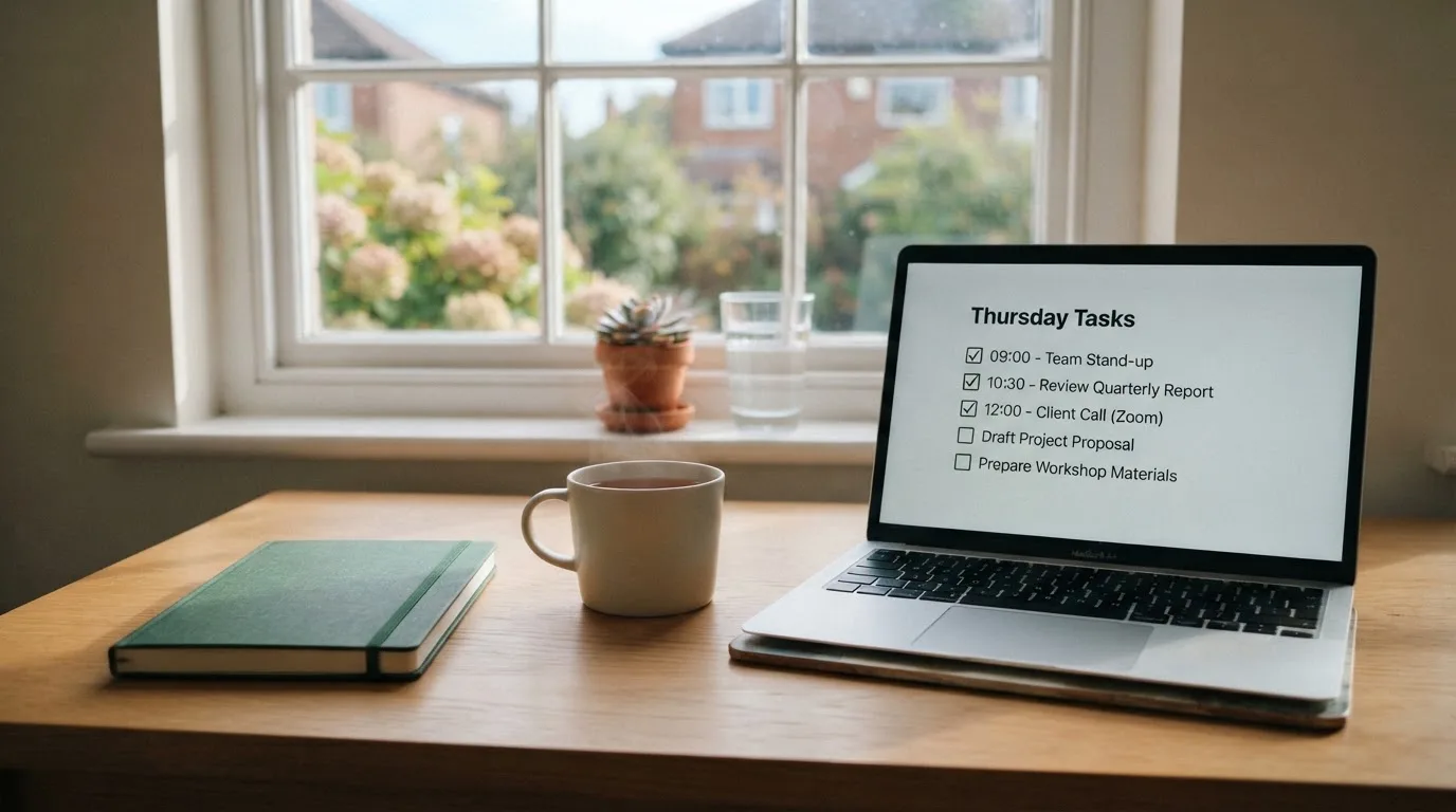 A tidy desk with a notebook, a mug of tea and a laptop open to a checklist, morning light through a window.