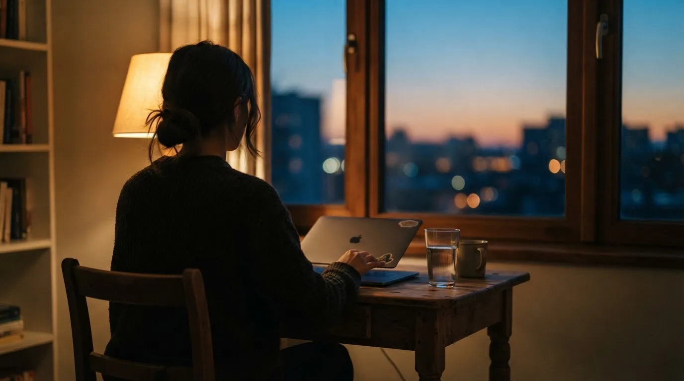 A person closes a laptop and looks out of a window at dusk, a glass of water on the table beside them.