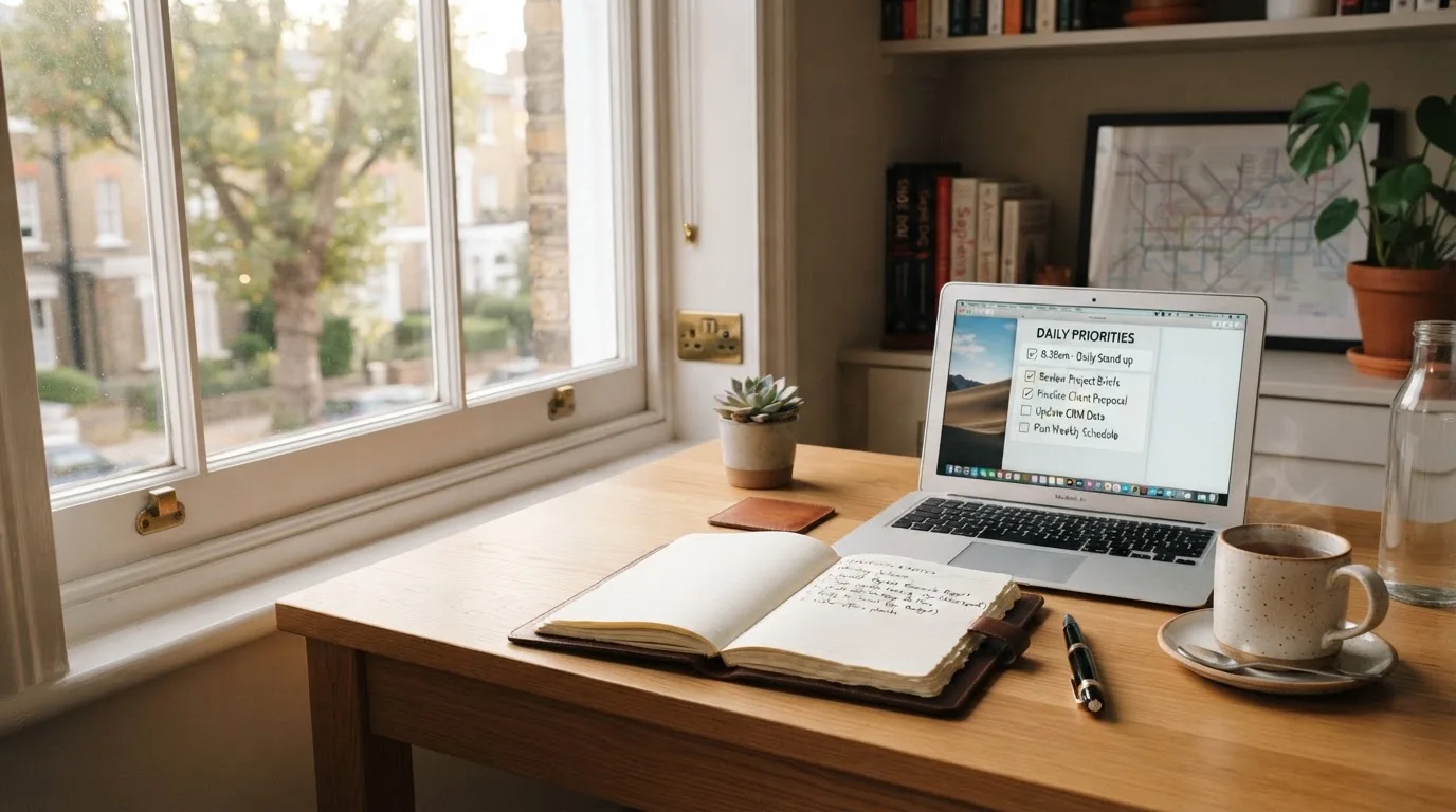 A tidy desk with a notebook, a mug of tea and a laptop open to a checklist, morning light through a window.