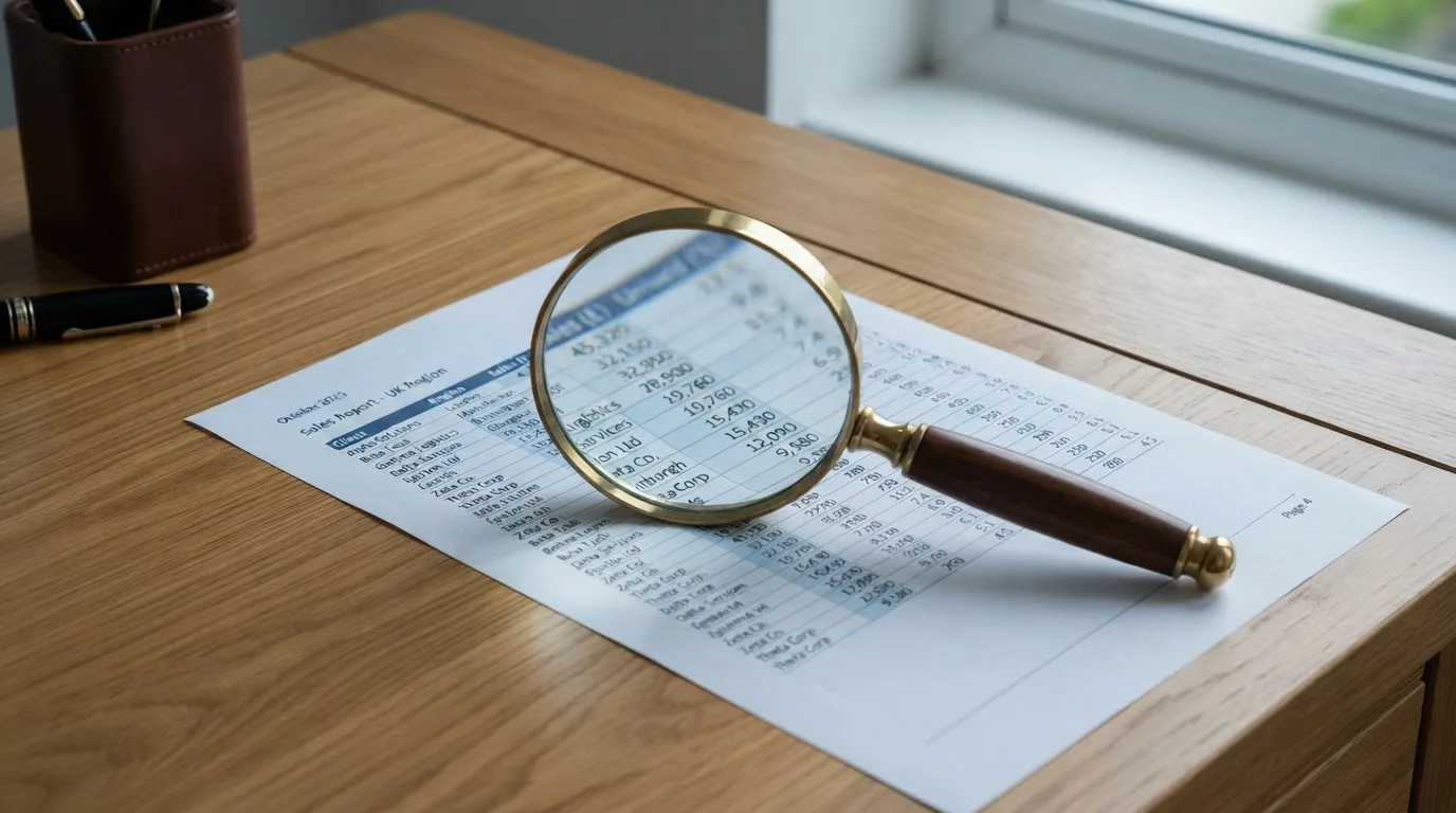 A magnifying glass rests over a printed regulatory certificate on a wooden desk.