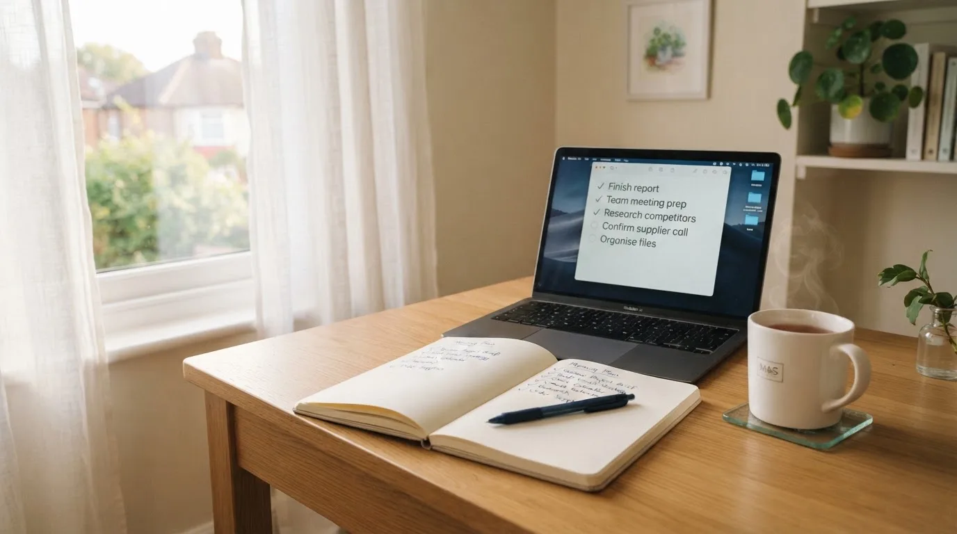 A tidy desk with a notebook, a mug of tea and a laptop open to a checklist, morning light through a window.