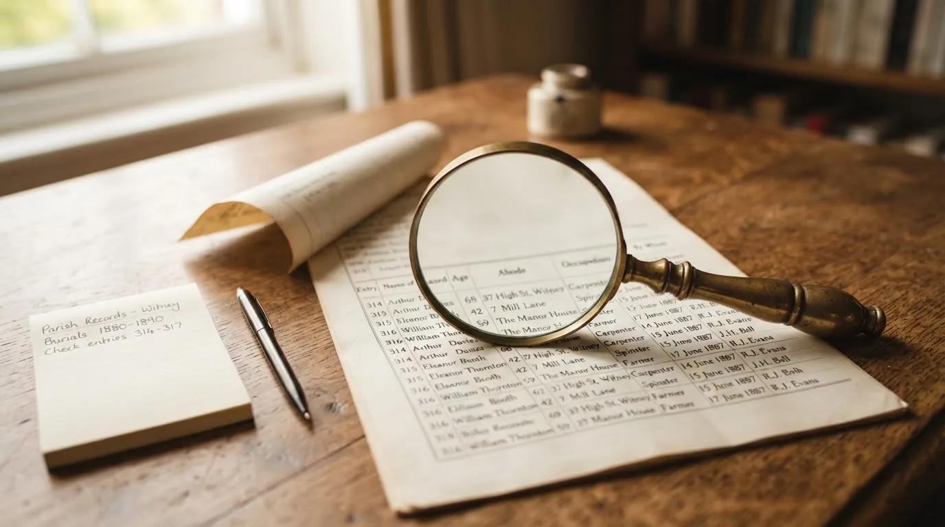 A magnifying glass rests over a printed regulatory certificate on a wooden desk.