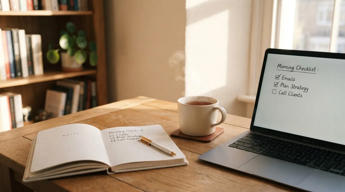 A tidy desk with a notebook, a mug of tea and a laptop open to a checklist, morning light through a window.