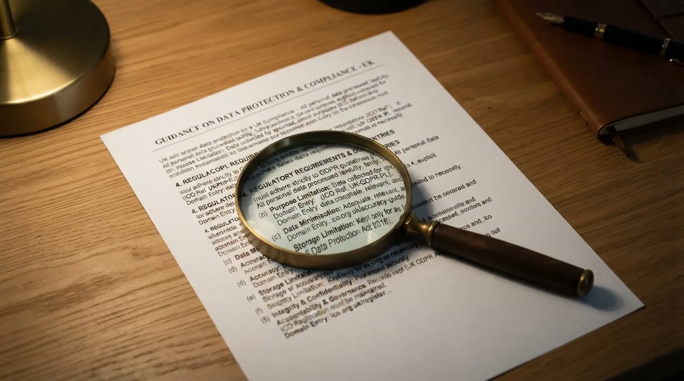 A magnifying glass rests over a printed regulatory certificate on a wooden desk.