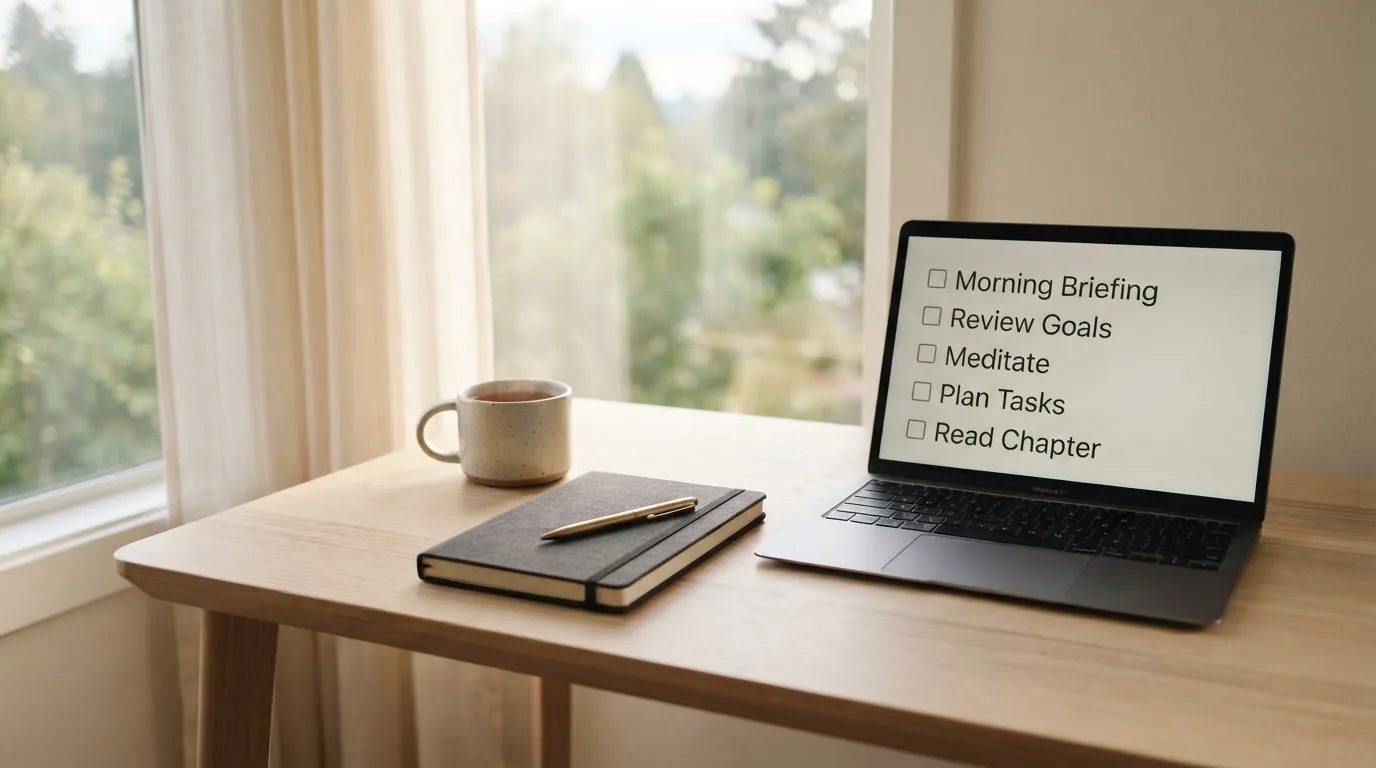 A tidy desk with a notebook, a mug of tea and a laptop open to a checklist, morning light through a window.