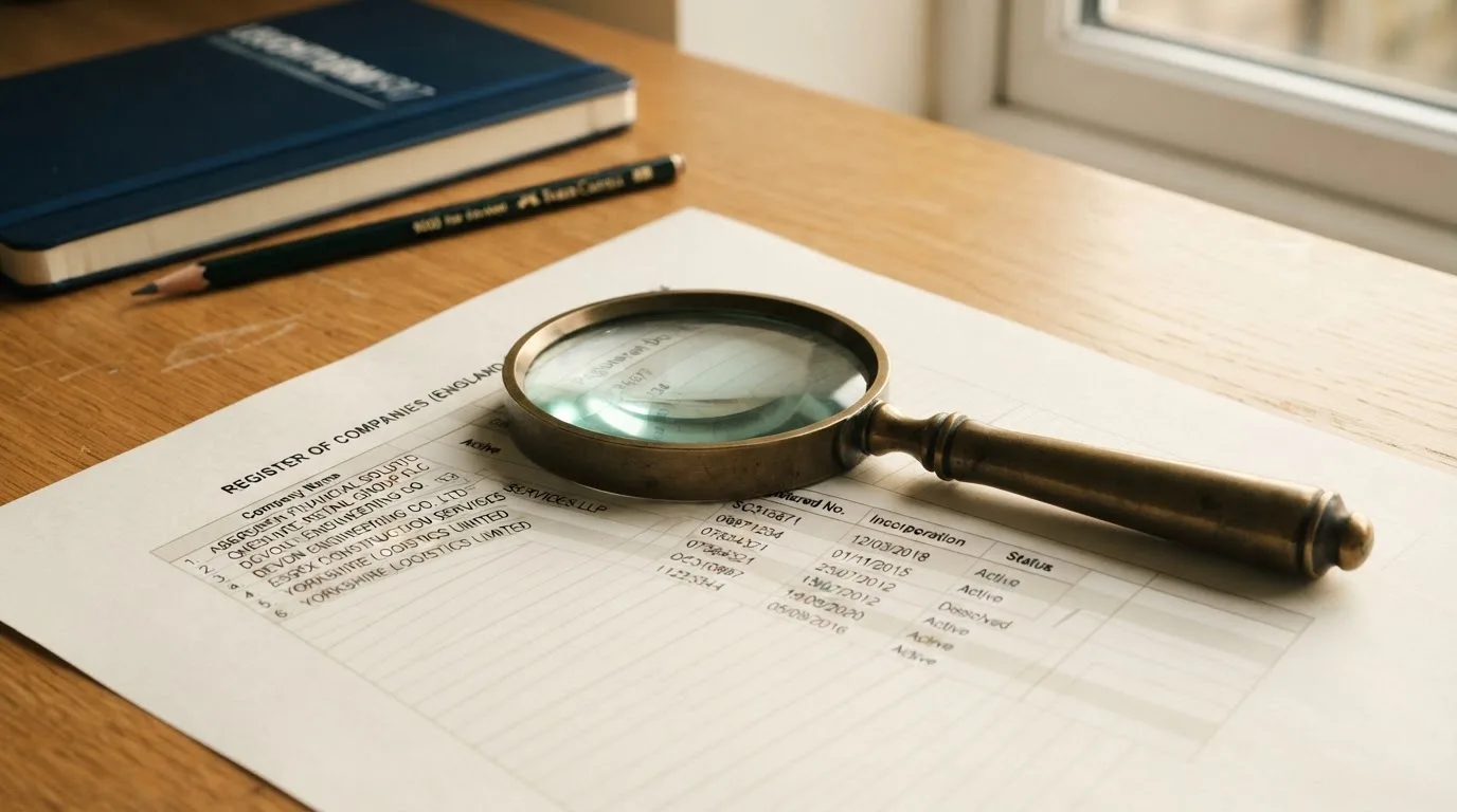 A magnifying glass rests over a printed regulatory certificate on a wooden desk.