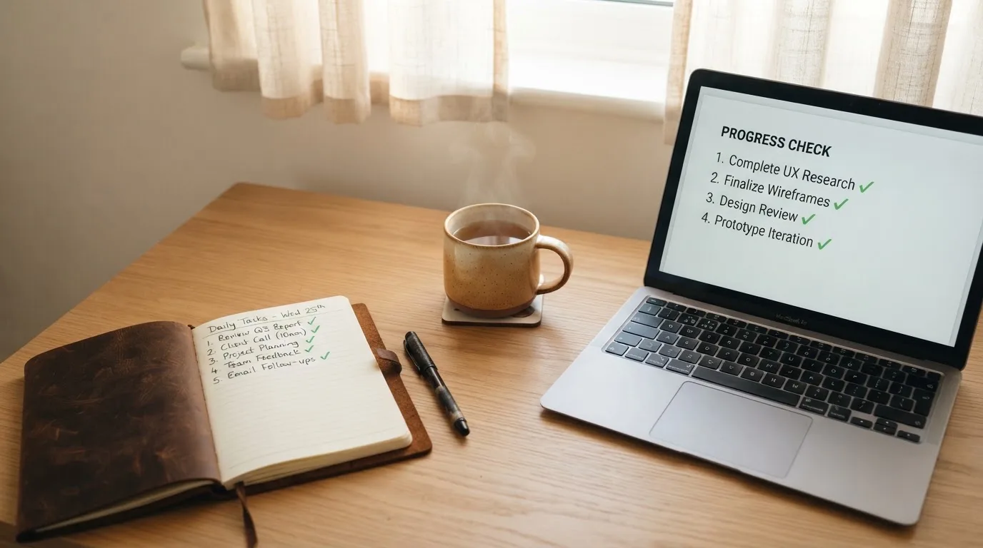 A tidy desk with a notebook, a mug of tea and a laptop open to a checklist, morning light through a window.