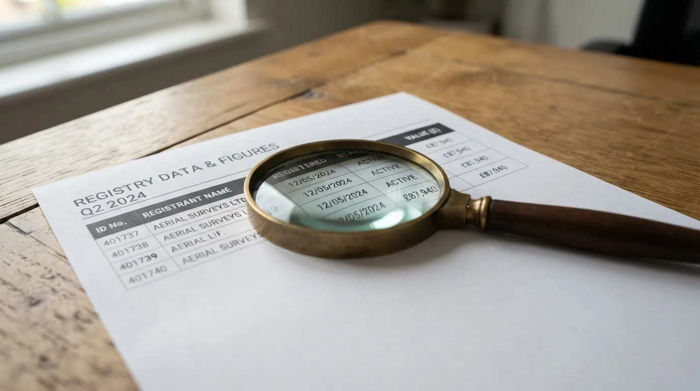 A magnifying glass rests over a printed regulatory certificate on a wooden desk.