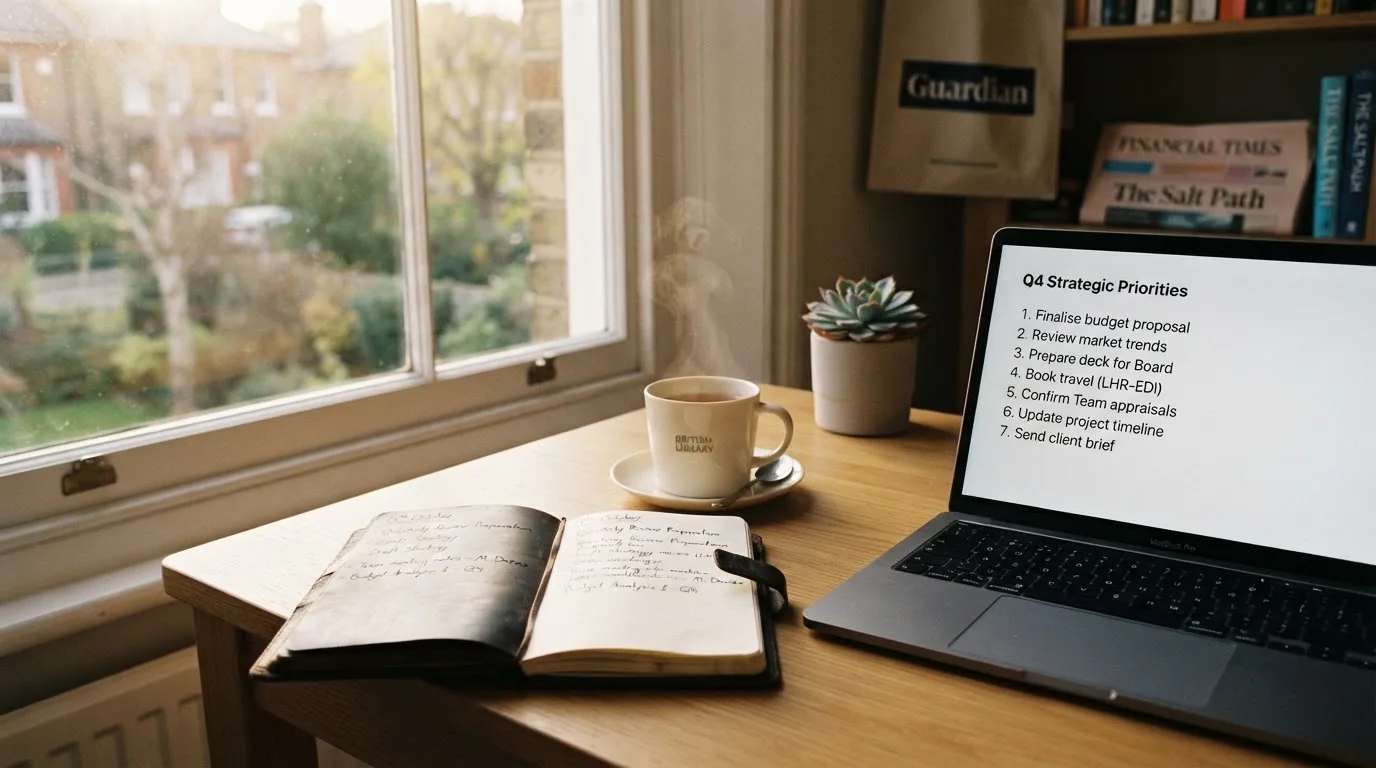 A tidy desk with a notebook, a mug of tea and a laptop open to a checklist, morning light through a window.