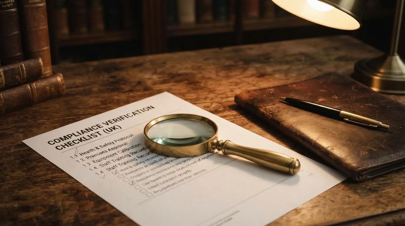 A magnifying glass rests over a printed regulatory certificate on a wooden desk.