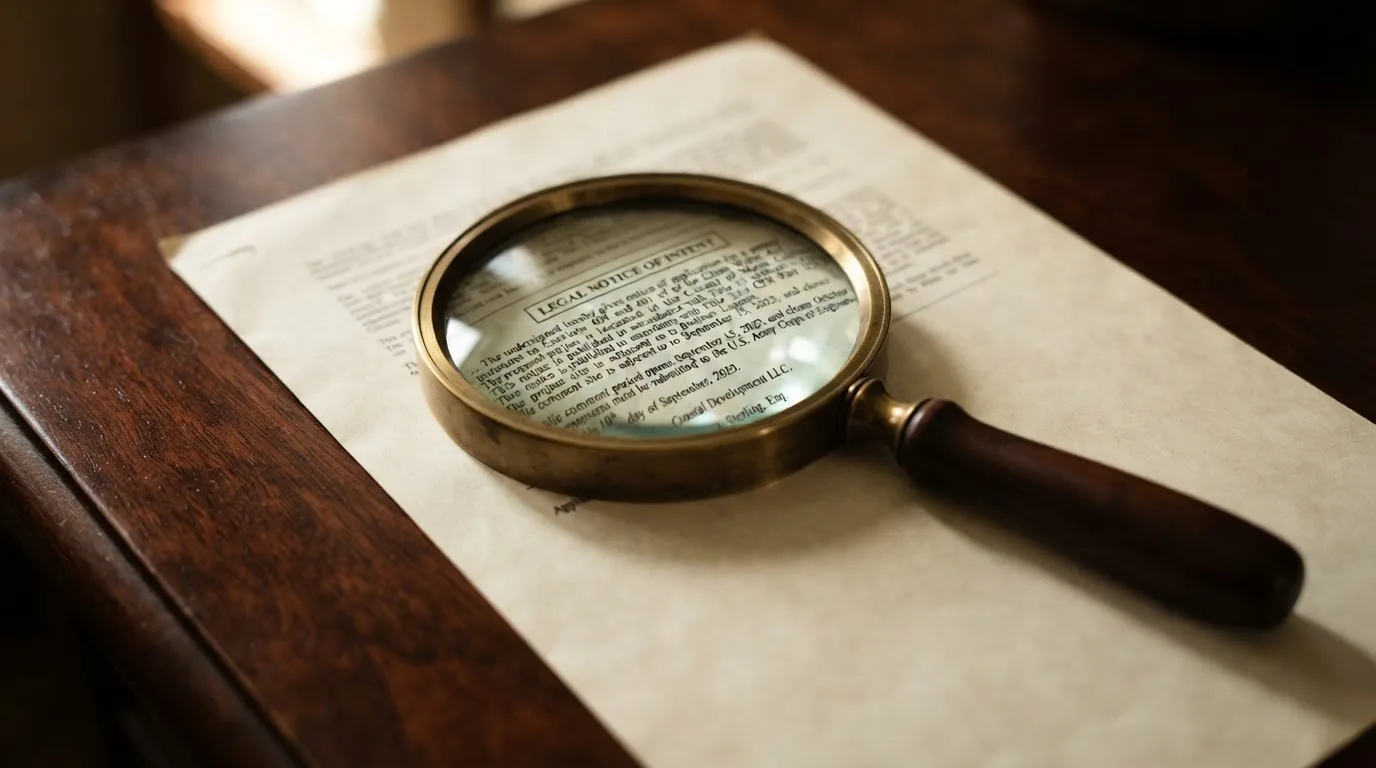 A magnifying glass rests over a printed regulatory certificate on a wooden desk.