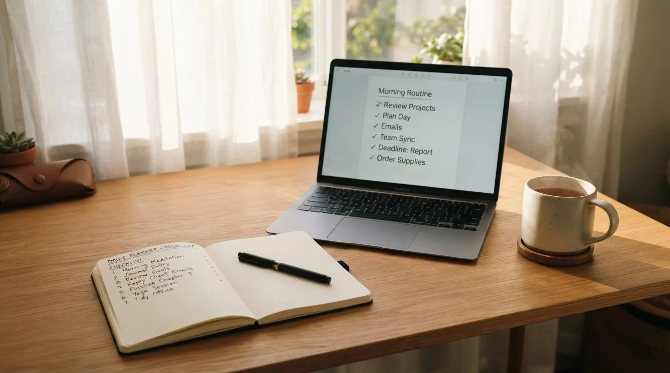 A tidy desk with a notebook, a mug of tea and a laptop open to a checklist, morning light through a window.