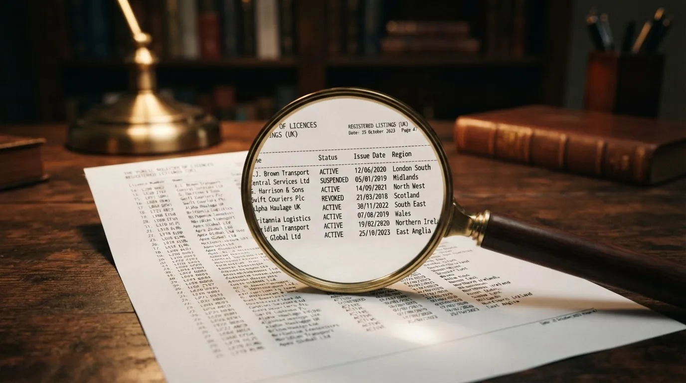 A magnifying glass rests over a printed regulatory certificate on a wooden desk.