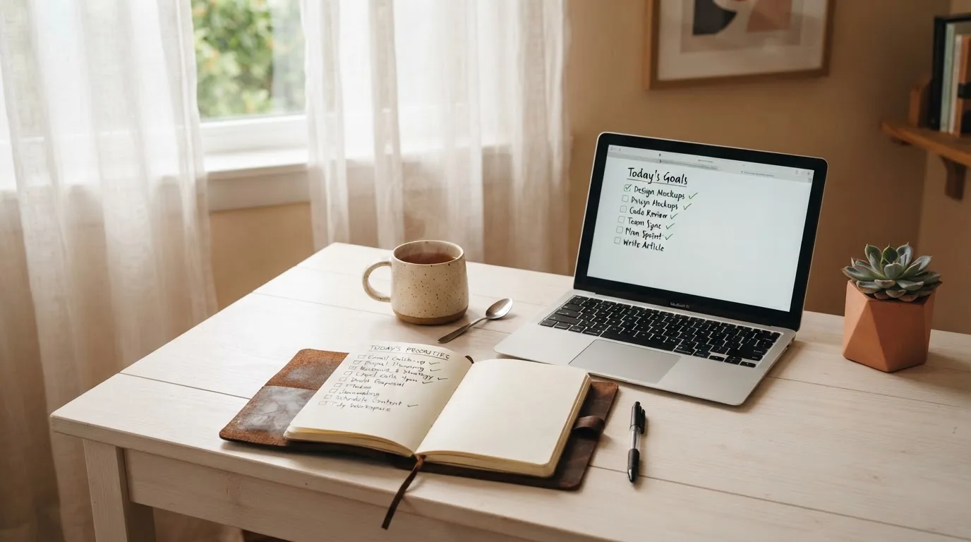 A tidy desk with a notebook, a mug of tea and a laptop open to a checklist, morning light through a window.