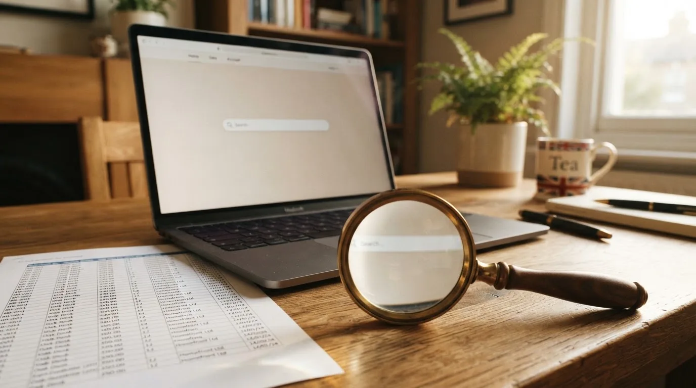 A magnifying glass rests over a printed regulatory certificate on a wooden desk.