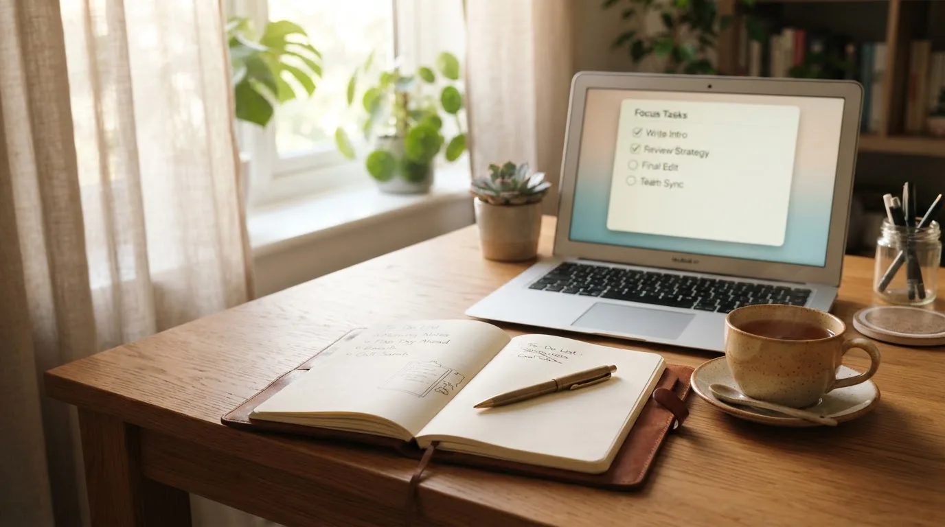 A tidy desk with a notebook, a mug of tea and a laptop open to a checklist, morning light through a window.