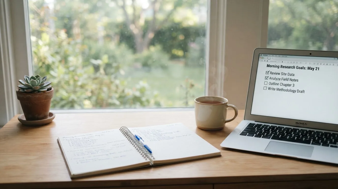 A tidy desk with a notebook, a mug of tea and a laptop open to a checklist, morning light through a window.