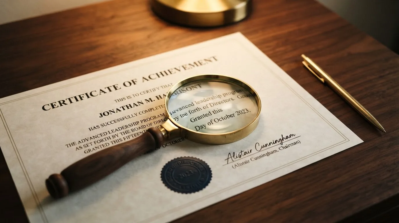 A magnifying glass rests over a printed regulatory certificate on a wooden desk.