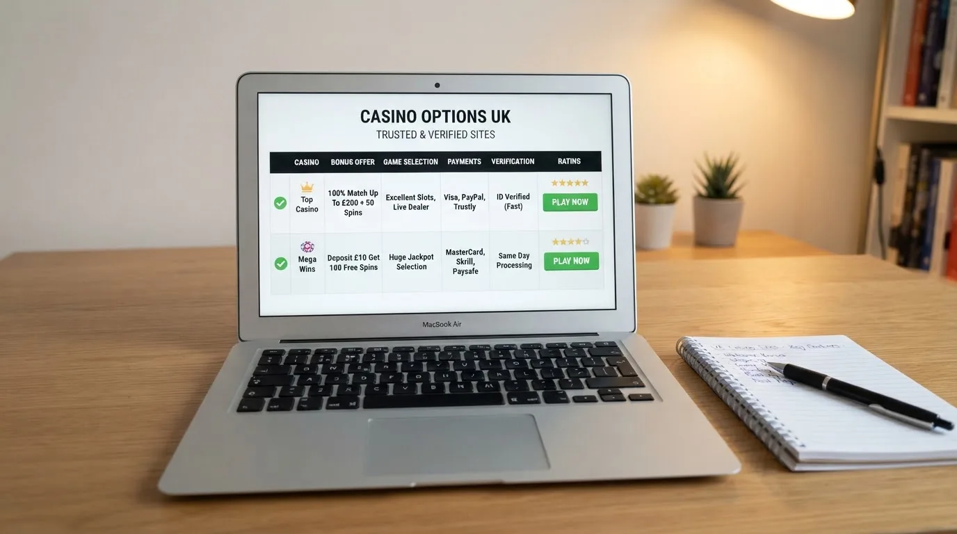 A laptop on a home desk showing a UK online casino comparison page open beside a notepad, with a UK casino comparison page visible in a browser tab list
