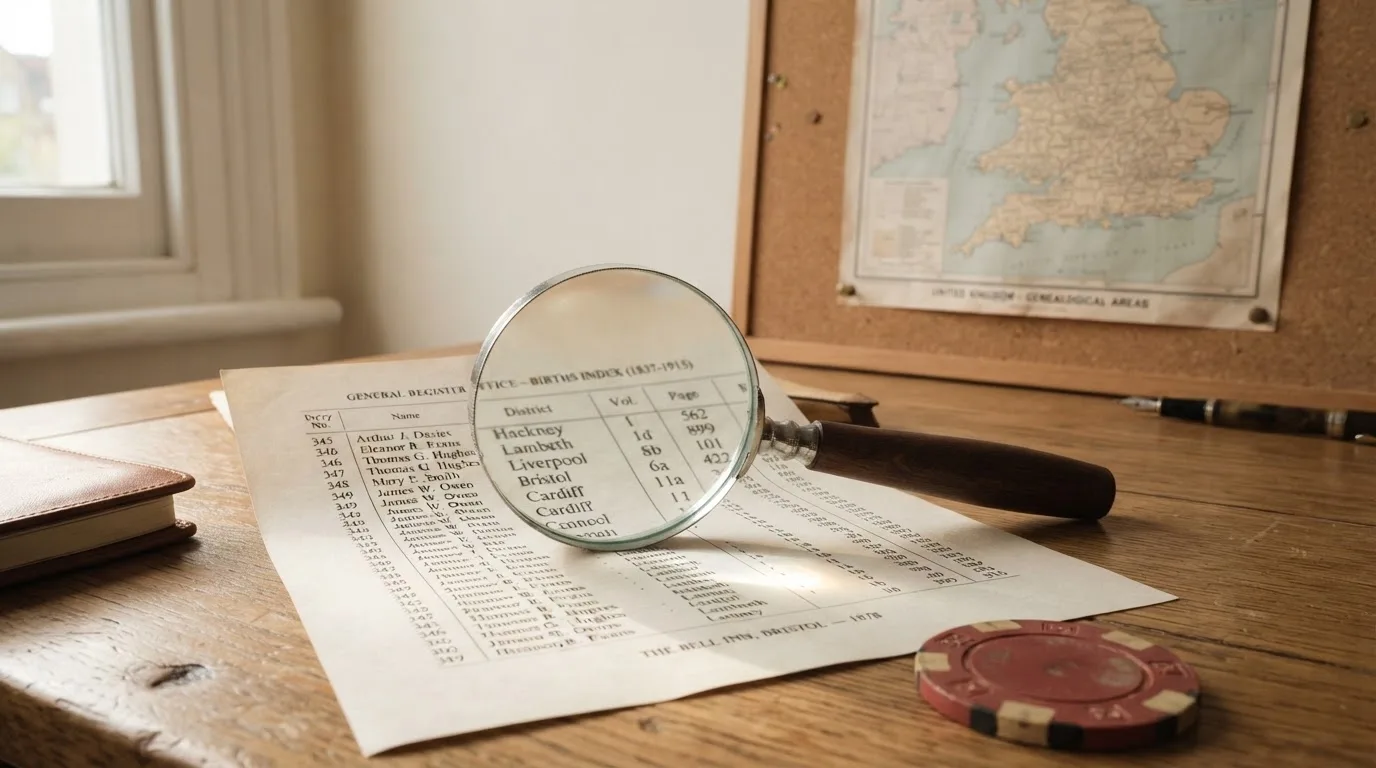A magnifying glass held over a printed gambling licence certificate on a desk, with a UK map faintly visible in the background