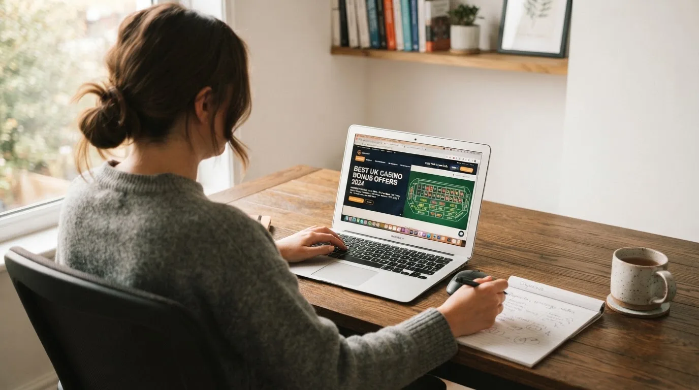 A laptop on a home desk showing a UK online casino comparison page open beside a notepad, with a craps table layout diagram on a laptop visible in a browser tab list