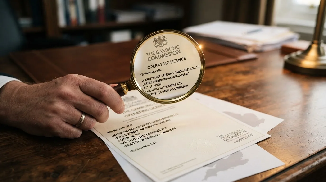 A magnifying glass held over a printed gambling licence certificate on a desk, with a UK map faintly visible in the background