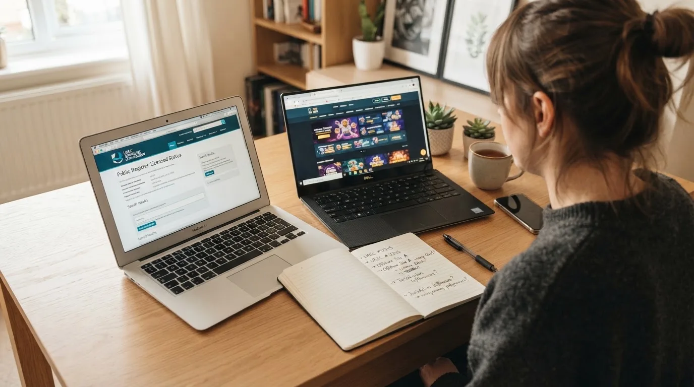 A laptop on a home desk showing a UK online casino comparison page open beside a notepad, with a laptop showing a foreign-registered website's homepage visible in a browser tab list