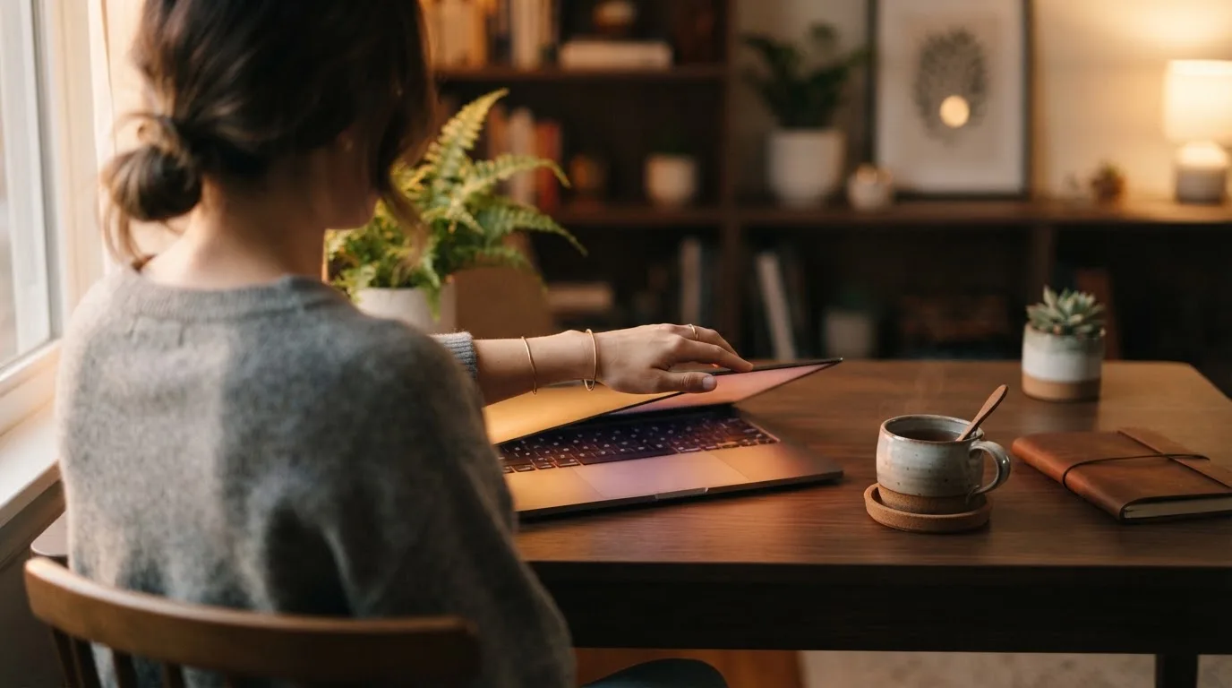 A person closing a laptop beside a cup of tea